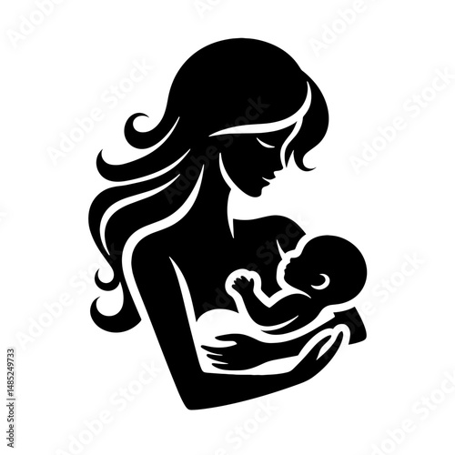 Mother with infant child in her arms, black silhouette vector art on transparent background