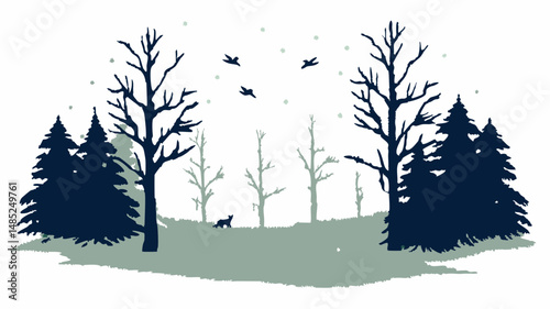 Silhouette of winter forest with bare trees evergreens and birds in flight with animal on the ground view