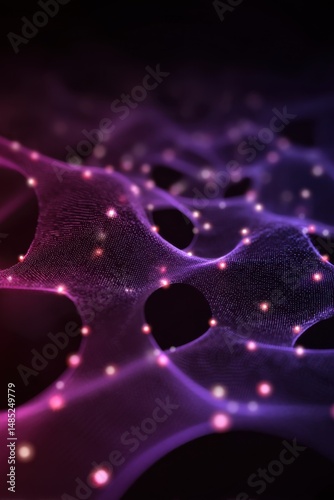 Abstract purple network with glowing nodes in a dark space close up view for technology concept science background