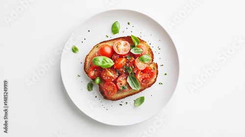 Top down view of Italian Bruschetta tomato basil and garlic on toasted bread laid on a white plate over a white background great for appetizer recipe visuals cut out on isolated transparent background