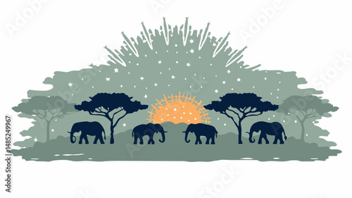 Silhouette of elephants under trees and a sunburst in a starry african landscape at dusk or dawn scene