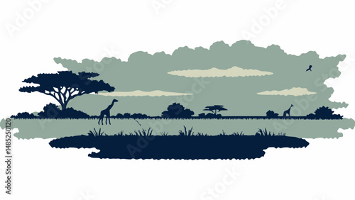Silhouette of african savanna with giraffes trees and cloudy sky in a serene landscape illustration
