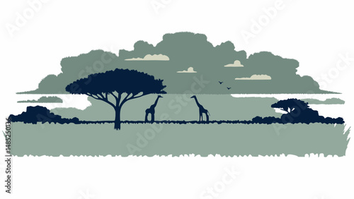 Illustration of savanna landscape with giraffes, trees, and cloudy sky in muted color palette scene view