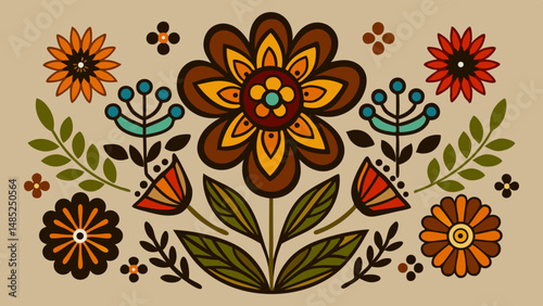 Retro floral pattern with a large central flower and smaller flowers and leaves on a beige background