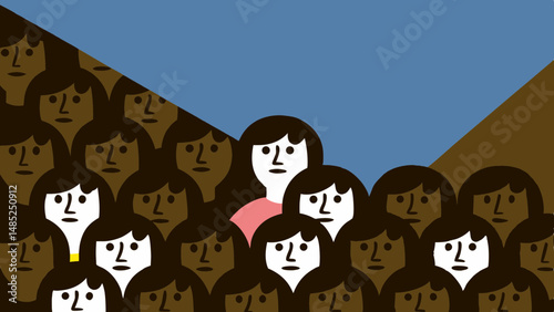 Illustration of a crowd of people with different skin tones under a blue and brown geometric shape