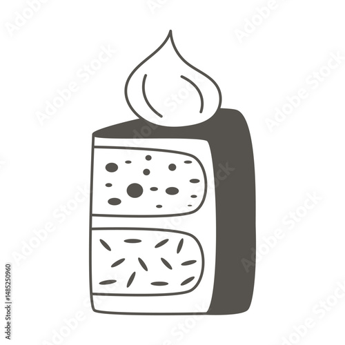Slice of sponge cake with cream decor clip art. Simple black silhouette sweet tasty pastry. Hand drawn dessert icon, vector element