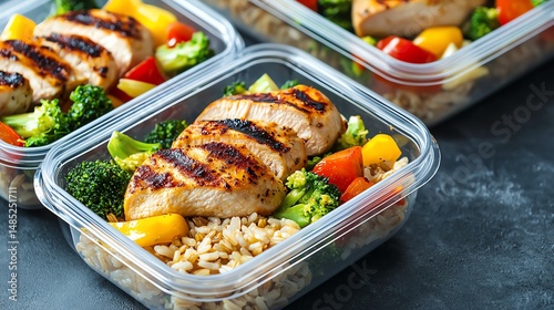 Meal prep lunch containers with grilled chicken, veggies, and brown rice, healthy lifestyle, organized view