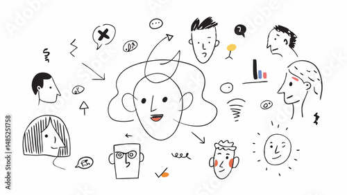 Illustration of multiple hand drawn faces and symbols representing communication and thought processes around a head