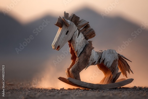 Wooden rocking horse in desert landscape photo