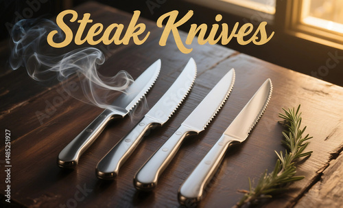 Wallpaper Mural Premium Steak Knife Set with Serrated Blades on Rustic Wooden Surface with Rosemary Sprig and Elegant Smoke Torontodigital.ca