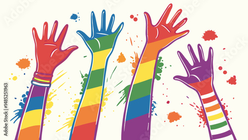Four raised hands with rainbow colors and paint splatters on a light background illustration design