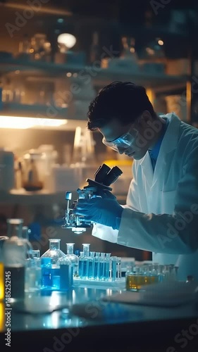 Scientist examining samples under a microscope in a modern laboratory filled with equipment