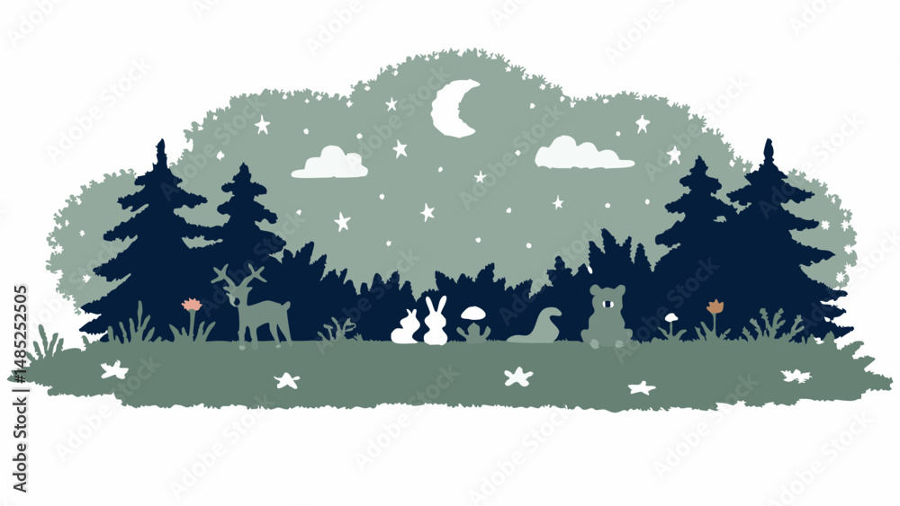 Obraz premium Illustration of a forest scene with animals under a starry night sky and a crescent moon overhead