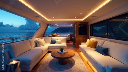 Luxurious Yacht Interior at Dusk  Spacious Salon with Ocean View, Soft Lighting, and Comfortable Seating
