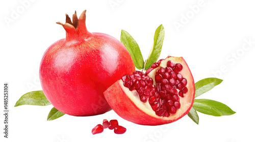 Fresh whole and sliced pomegranate with green leaves isolated on white background vibrant red fruit on transparent background