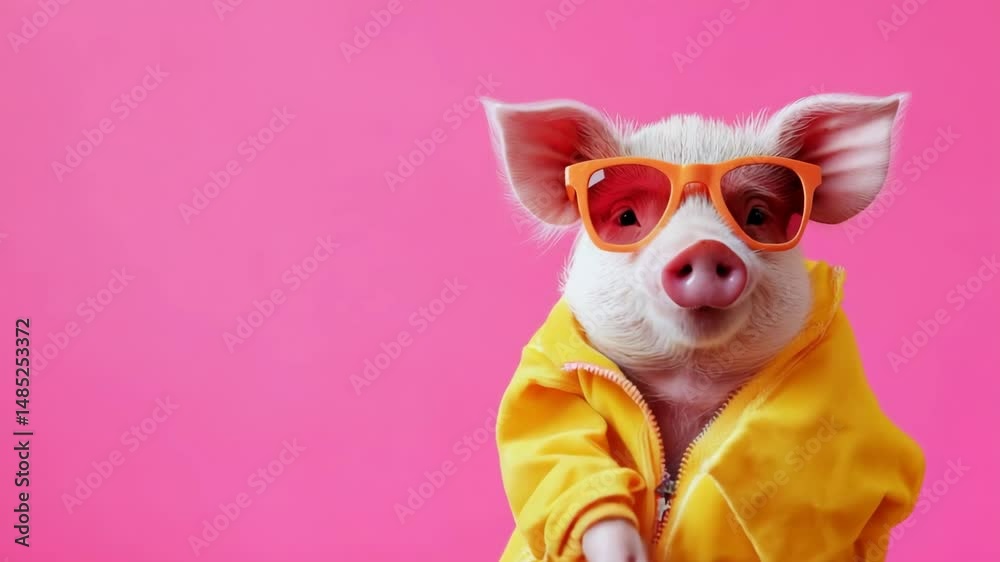 Cerdito elegante y alegre en una fiesta, hablando emocionado con gestos

