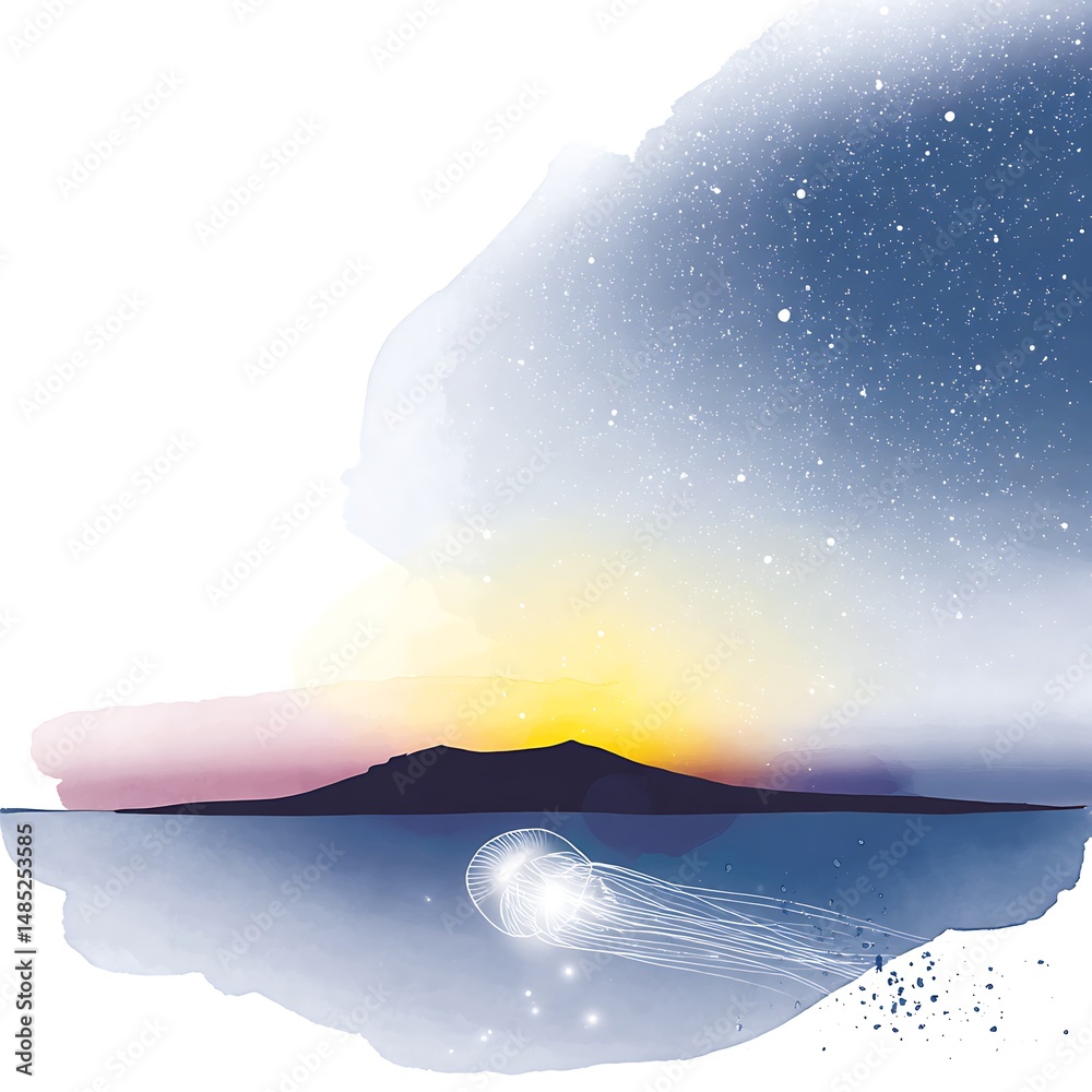 Fototapeta premium Serene Sunset Landscape with Jellyfish A Watercolor Illustration.