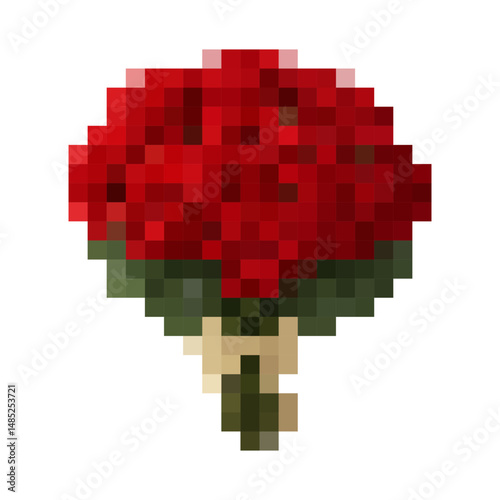 Pixel art red rose with green stem and leaves in 8-bit style, digital flower for retro game design, valentine's day graphics