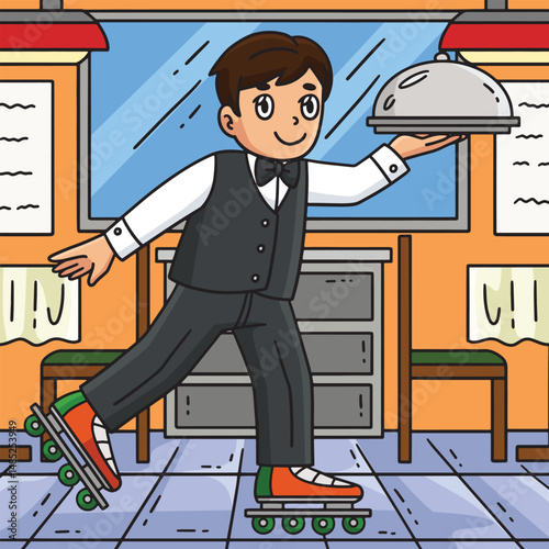 Inline Skates Waiter Colored Cartoon Illustration 