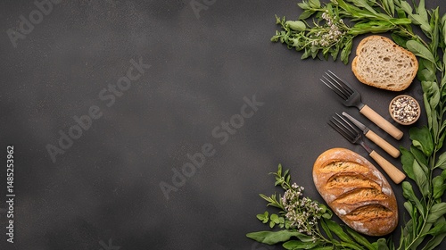 Rustic Flatlay of Two Loaves of Bread with Herbs on Dark Background