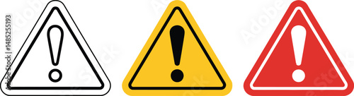 Three warning signs with exclamation marks in triangle shapes isolated on a white background