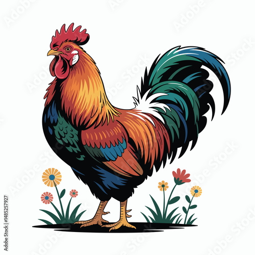  Bright Rooster Vector with Field Wheat Clean White Background