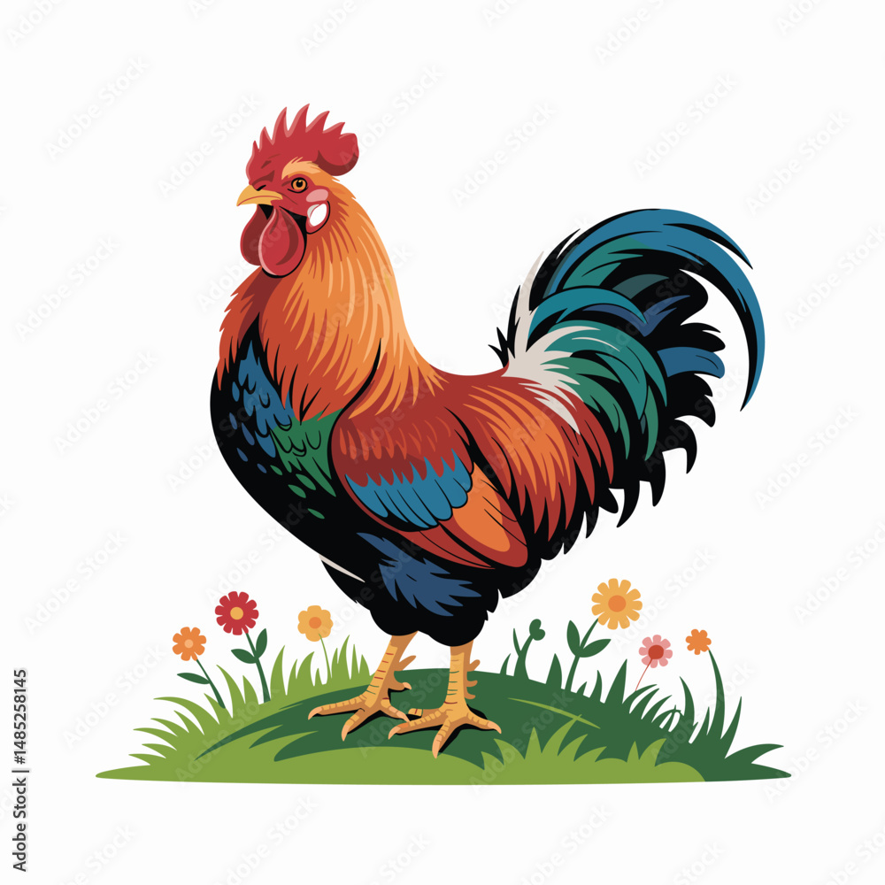 Fototapeta premium Bright Rooster Vector with Field Wheat Clean White Background