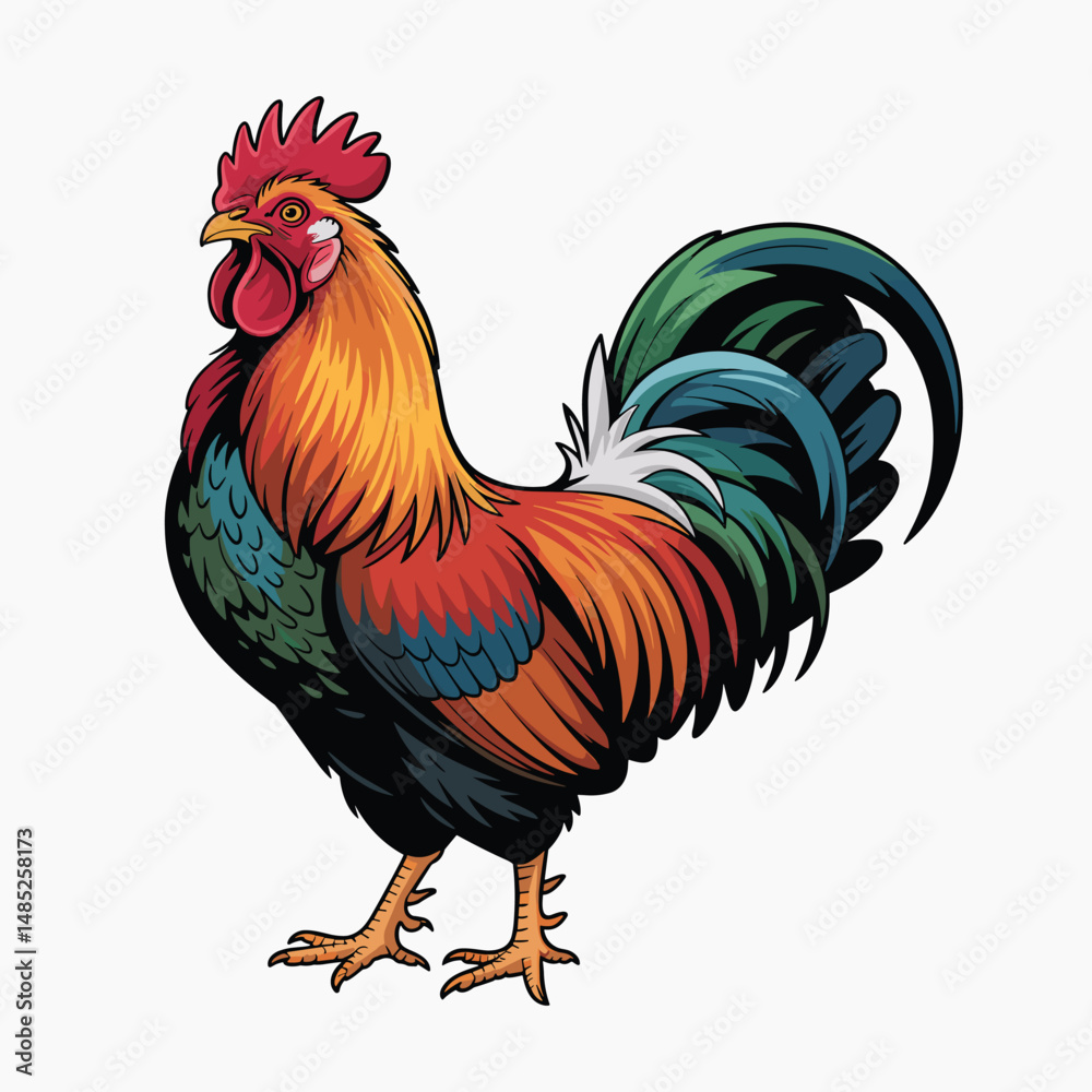 Fototapeta premium Bright Rooster Vector with Field Wheat Clean White Background