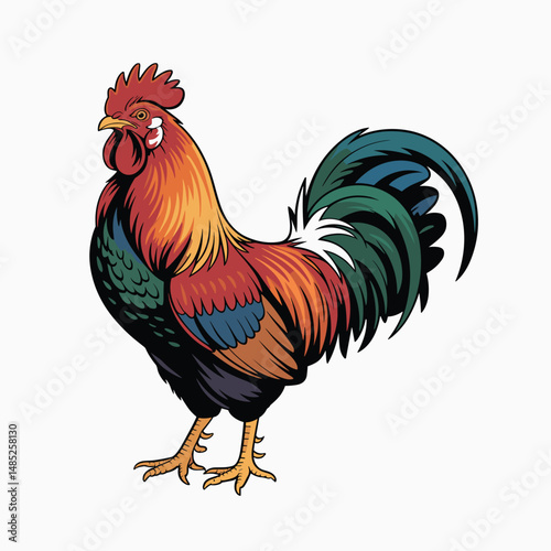  Bright Rooster Vector with Field Wheat Clean White Background