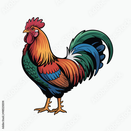  Bright Rooster Vector with Field Wheat Clean White Background