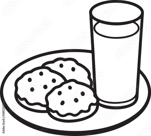 a plate of cookies and milk glass line art, black outline, vector and illustration, coloring book page line art drawing