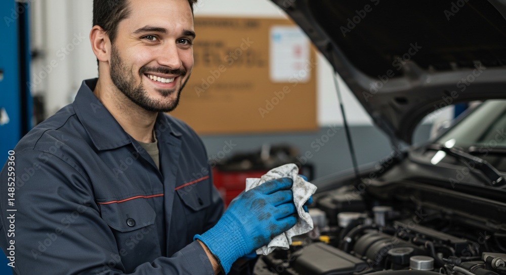 Automotive mechanic smiles by open hood Automotive mechanic smiles by open hood