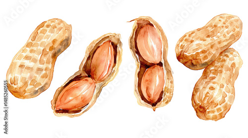 Watercolor painting of peanuts in shells and open revealing the nuts on a black background art piece on transparent background