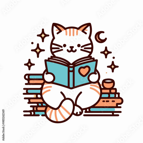 Cozy cat reading book: An adorable cartoon cat is engrossed in reading a book, surrounded by stacks of literary treasures, and twinkling stars, conveying the love of reading.