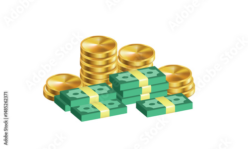 Gold coins and stacks with cash. Vector illustration isolated on white background.
