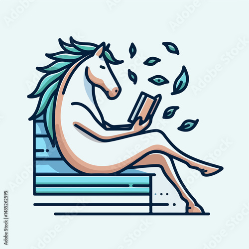 Equine Literate: A stylized illustration of a horse engrossed in a book, with a mane of leaves, evoking intellectual curiosity and the joy of reading.