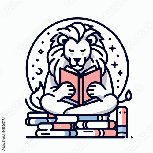 Wise Lion Reading: An artistic illustration depicts a dignified lion engrossed in a book. The lion's focused expression, surrounded by a celestial glow, symbolizes wisdom and the pursuit of knowledge.