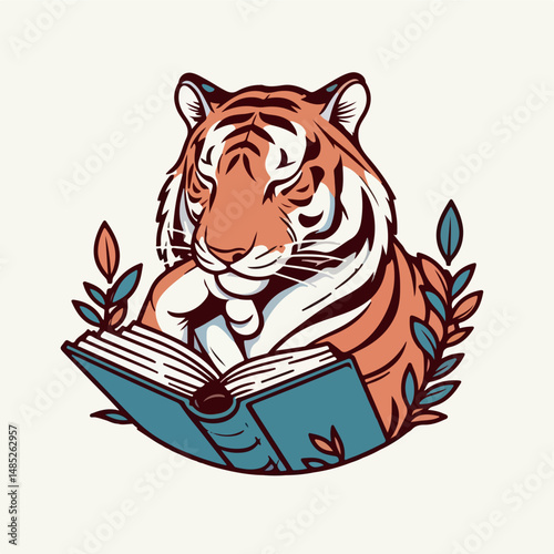 Reading tiger in book illustration: A charming illustration captures a tiger absorbed in a good book, surrounded by botanical accents, emphasizing a blend of wild and intellectual pursuits.