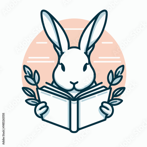 Rabbit Reading Book: A charming illustration of a white rabbit engrossed in a book, surrounded by delicate leaves, symbolizing knowledge and tranquility.