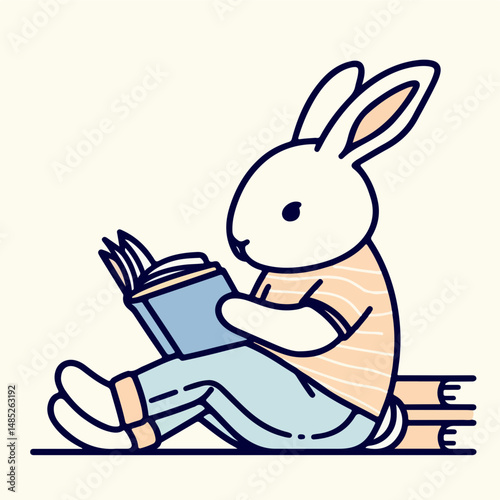 Reading Rabbit: A charming illustration of a white rabbit wearing blue jeans and a striped shirt, immersed in a book, showcasing the simple joy of reading. 