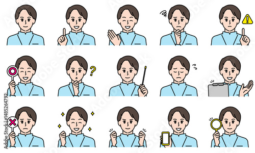 表情とポーズで感情を表す白衣を着用した看護師の男性のイラストセット