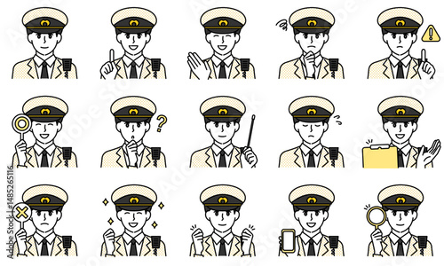 表情とポーズで感情を表す警官の服装を着用した男性のイラストセット