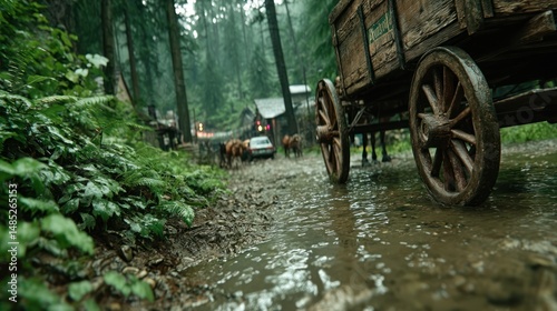 Vintage carriage in wet forest path