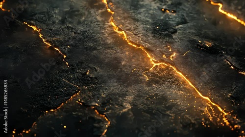 abstract dark cracked rock surface with glowing orange and gold lava fissures