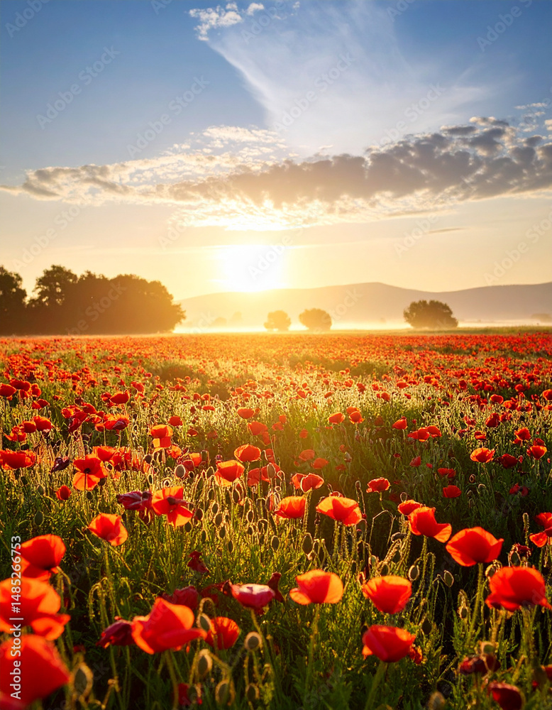 Fototapeta premium A field of wild poppy flowers stretching into the horizon under soft morning light