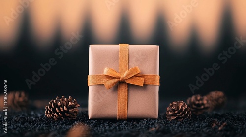 Small Wrapped Gift with Gold Bow on Forest Floor photo