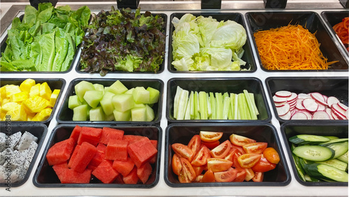 Fresh Vegetable and Fruit Salad Bar Display also included melon, watermelon, tomatoes, celery, beetroot, cabbage, pineapple, dragon fruit, carrot, cucumber