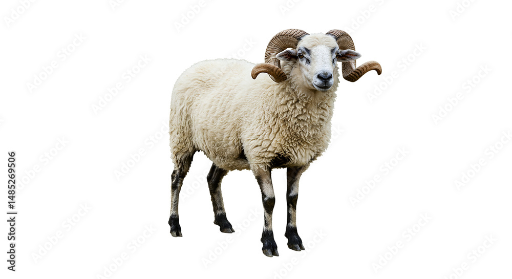 Fototapeta premium Isolated ram image for livestock farming and agricultural needs featuring a horned sheep on black