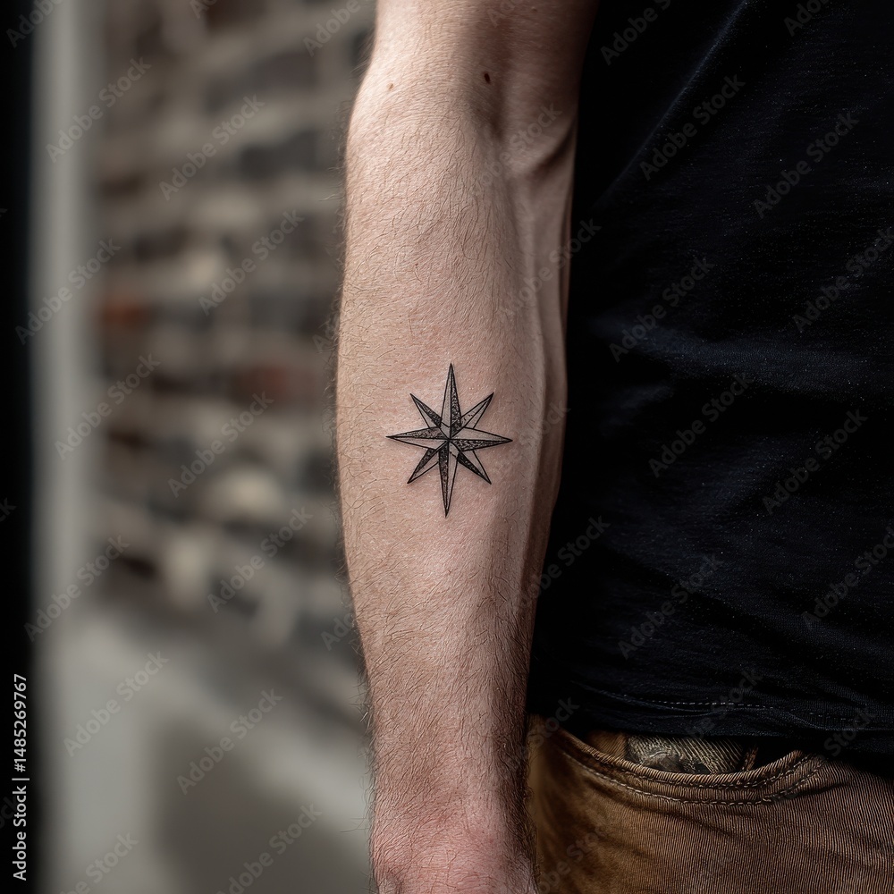 Obraz premium Small, intricate star tattoo design on a forearm.
