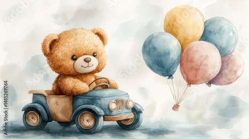 Teddy bear drives a car with balloons